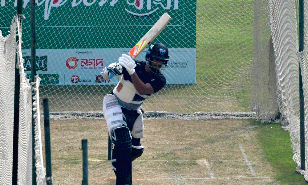 Rangpur Riders’ all-rounder Shakib Al Hasan came to the Sylhet Outer Stadium on Saturday to complete individual training session with his team’s bowling coach Mohammad Rafique and other staff and he was seen having a long batting session in the nets. Photo : Reaz Ahmed Sumon