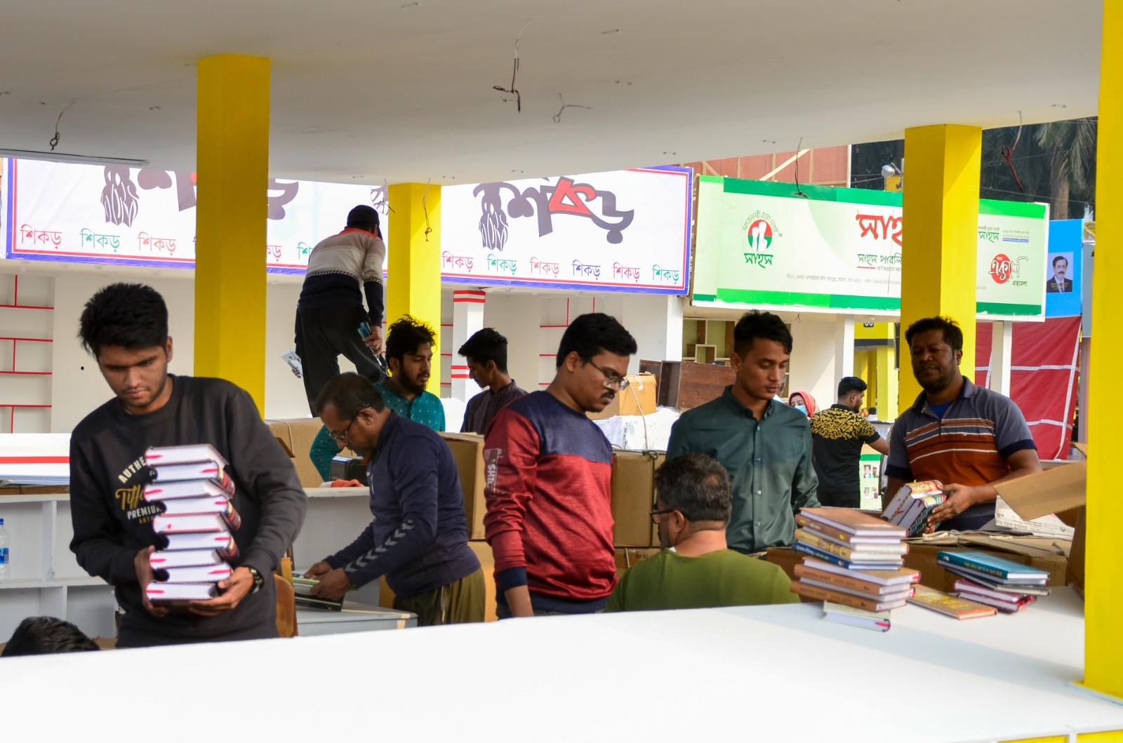 Preparation for ‘Amar Ekushey Grantha Mela’ is going on in full swing on the Bangla Academy premises. Photo Muktadir Mokto